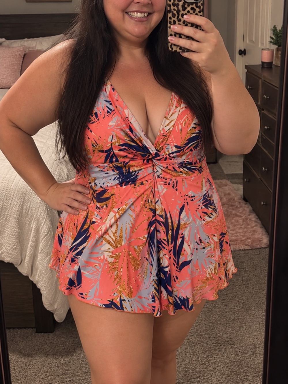 Plus Size Coral Tropical Twist-Front One-Piece Swimdress
